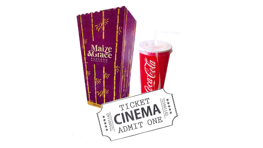 Image of popcorn, a drink and a ticket